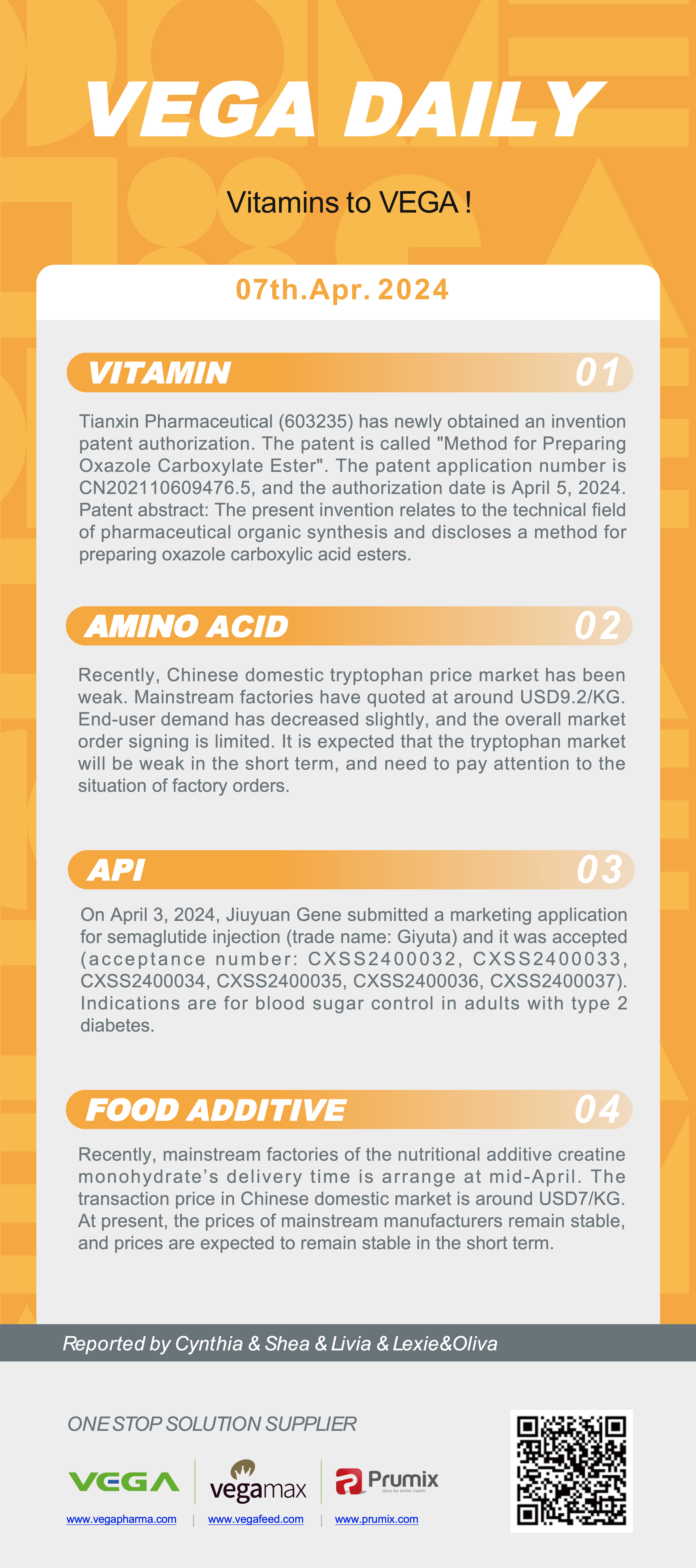 Vega Daily Dated on Apr 7th 2024 Vitamin Amino Acid APl Food Additives.png